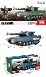 A product listing graphic for a variant tank toy set. The top section shows the assembled green tank with a robot mode conversion illustration above it.
