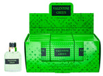 Green perfume bottle and packaging with 'Valentine Green' label on a white background