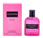 Pink 'Valentine Intense' perfume bottle and packaging on a white background
