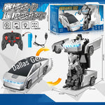 A toy remote-controlled transforming car set shown with the assembled silver and black car, the robot form, packaging box, remote control, battery, and charging cable on a blue-and-white graphic background with dimensions and product text.