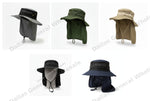Set of five sun hats with face coverings in different colors on a white background.