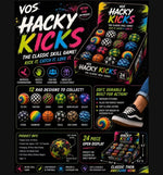 Vos Hacky Kicks 24-piece skill game set in a black retail box with colorful graphics, shown on a black background with product features, dimensions, and a small inset photo of a person's foot wearing a black-and-white sneaker.