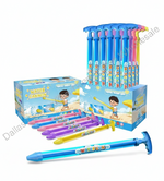 A water gun set for kids featuring a blue plastic pump, several colorful water guns in blue, purple, and yellow, and a retail display box with matching packaging.