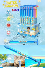 A bulk pack of 24-piece water cannons in assorted bright colors, shown in a retail box, a single assembled toy cannon, and several small usage photos. The image includes text such as 'WATER CANNON',