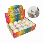 Box of colorful stress balls with a small inset showing a person holding one.
