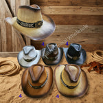 A promotional product image showing multiple cowboy-style hats on a plain white background, with text reading 'HNZ-9201 36 PCS.' A large tan hat is shown at top left, and five smaller color variants are arranged below with blue quantity labels '2' and '4.