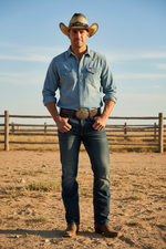 A man wearing a light blue denim shirt, dark blue jeans, a brown cowboy hat, and boots stands outdoors in a rural setting with a wooden fence and dry ground under a blue sky.