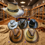 Five cowboy hats in different colors (white, black, brown, tan) are displayed on stands inside a rustic western-themed shop with wooden shelves and coiled ropes. A larger tan hat is shown floating at the top left.