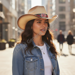 A woman wearing a light tan cowboy hat with a decorative band and a blue denim jacket over a white top, standing in a sunlit urban street setting. A diagonal 'Dallas General Wholesale' watermark is visible across the photo.