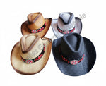 Five cowboy-style hats in different colors are arranged on a white background, with a larger top view of a black hat showing red floral embroidery. Text reads 'HNZ-9234 36 PCS' and the number '9' appears near each hat.