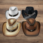 Four cowboy hats arranged in a 2x2 grid on a rustic wooden plank background. The hats are shown in white, black, tan, and brown, each with a dark brown band and a silver-toned steer skull emblem.