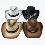Four cowboy-style woven hats shown on a plain white background, labeled with blue numbers 9. The set includes a white hat, a black hat, and two tan/brown hats, each with a dark band and silver skull emblem.