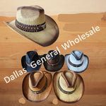 A promotional product graphic showing a large tan cowboy hat at the top left with text 'HNZ-9241 36 PCS,' plus five smaller cowboy hats below in different colors labeled with blue numbers 4 and 2. The hats are displayed on a plain white background.