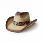A cowboy hat with a brown and beige gradient straw-like crown, a dark brown band with silver studs, and a silver concho buckle, shown on a white background with a diagonal 'Dallas Wholesale' watermark.