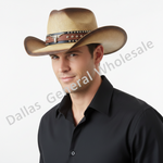 A man wearing a light tan woven cowboy hat with a brown leather band and silver conchos, paired with a black collared shirt, against a light gray background with a diagonal 'Dallas General Wholesale' watermark.