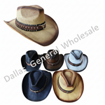 Five cowboy-style hats are shown on a plain white background, with one large tan hat at the top left and four smaller hats below in navy, brown, light blue, and tan. A diagonal 'Dallas General Wholesale' watermark overlays the image.