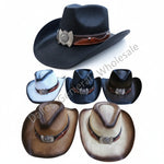 A catalog-style product image showing cowboy hats in multiple colors on a white background, with text reading 'HNZ-9243 36 PCS' and quantity labels in blue. A large black hat is shown at top left, and four smaller hat color variants are arranged below.
