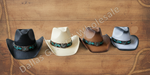 Four cowboy hats in black, cream, brown, and gray, each with a turquoise patterned band, arranged on a rustic wooden background with rope graphics.