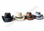 Four cowboy hats in different colors (black, cream, brown, and gray) lined up side-by-side on a white background, each featuring a turquoise and silver patterned band. A diagonal watermark 'Dallas General Wholesale' is visible across the image.