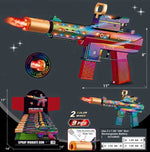 A toy spray/vibrate gun set shown on a dark gray background with dimension callouts, quantity text ('4122 72PCS'), and inset views of the display stand and included parts. The gun has a rainbow iridescent finish with glowing multicolor LED lights and a copper/gold-tone barrel.