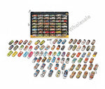 A boxed set of small toy cars displayed on a white background, with the retail box at the top and many loose toy cars arranged below. The image includes dimension labels and product text details at the bottom.