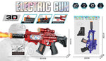 A product catalog graphic for an 'Electric Gun' toy set, showing a red and black 3D laser light gun with a muzzle flash effect, a blue and purple toy gun, and various accessories. The graphic includes dimension lines, weight details, and a feature icon row at the top.