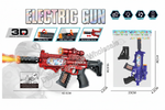 A product catalog graphic for an electric toy gun, showing two different color options: a red and black version with a flame effect, and a blue and purple version. The graphic includes dimensions, feature icons, and a watermark.