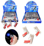 Two blue retail display boxes of toy pistols on a white background, with several loose toy guns shown in front and a circular inset demonstrating one light-up gun firing.