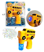 Yellow school bus toy bubble gun set shown in retail packaging, loose, and being held. The package includes two blue bubble bottles and printed dimensions (6.