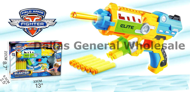 Toy blaster with packaging on a light blue background