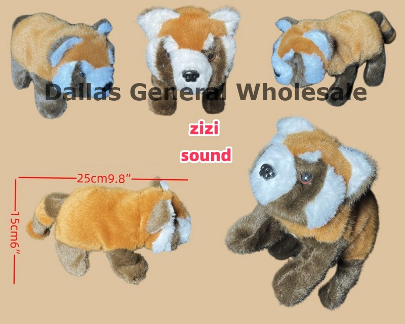 Plush toy raccoons with sound feature on a beige background, labeled 'Dallas General Wholesale'.