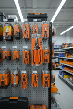 Display of orange and black tools in packaging on a pegboard in a store setting.