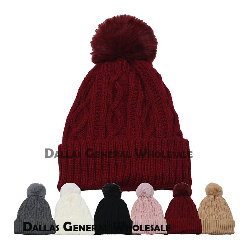 Women's Cable Knit Pom-Pom Beanies - Sherpa Fur-Lined Winter Hats