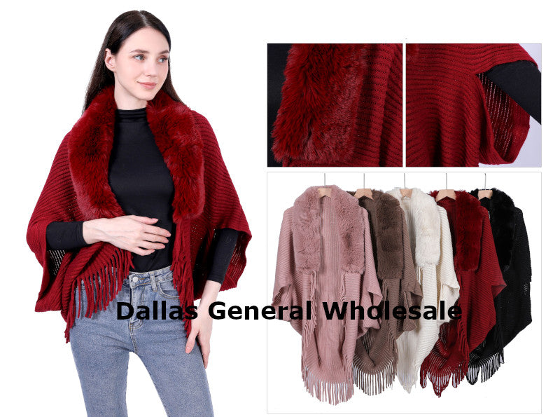 Women's Faux Fur Collar Ribbed Knit Shawl Wrap - Fringed Winter Cape Wholesale