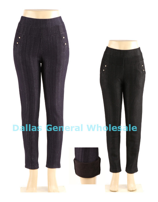 Women's Fleece-Lined Ribbed Ankle Pants - Studded Pocket Pull-On Trousers Wholesale