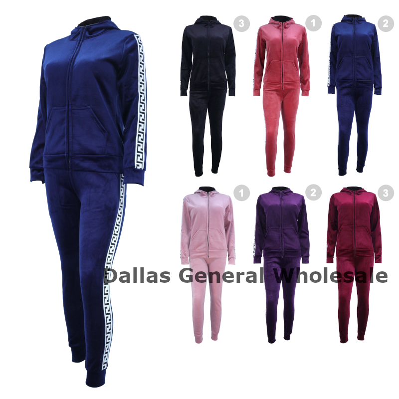 Women's Fleece-Lined Velour Tracksuit - Greek Key Trim Hoodie & Jogger Set Wholesale