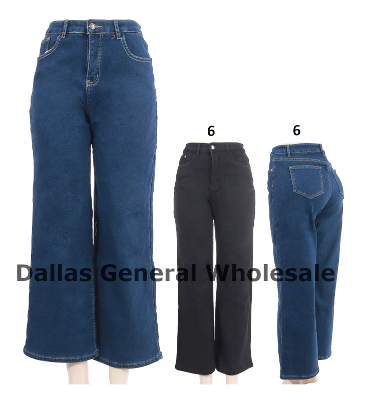 Women's Fleece-Lined Wide Leg Denim Culottes - Thermal Jean Pants Wholesale