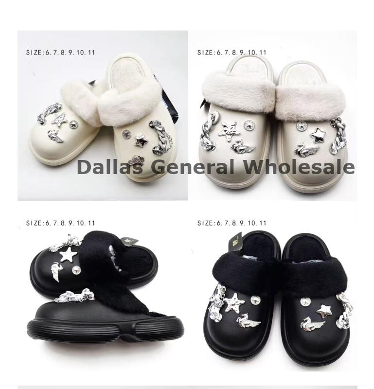 Women's Fur-Lined Winter Clogs - Platform Slip-On Mules with Celestial Charms Wholesale