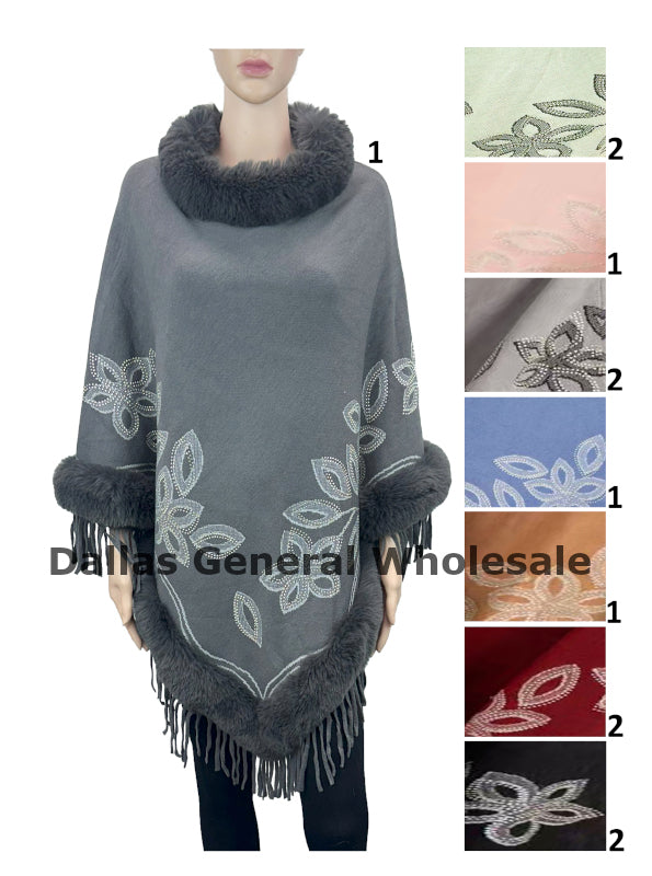 Women's Fur-Trimmed Embellished Poncho - Rhinestone Leaf Pattern Cape with Fringe Wholesale