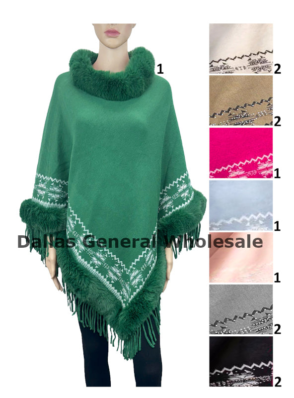 Women's Fur-Trimmed Knit Poncho - Tribal Pattern Fringe Cape with Faux Fur Collar Wholesale