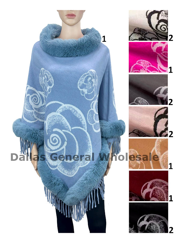 Women's Fur-Trimmed Rose Pattern Poncho - Floral Design Cape with Plush Collar Wholesale