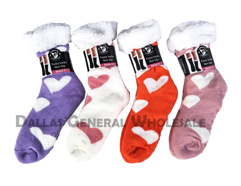 Women's Heart Pattern Fuzzy Socks with Sherpa Cuff - Non-Slip Slipper Socks
