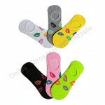 Set of colorful socks with lip print pattern on a white background