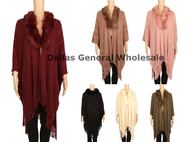 Women's Open-Front Knit Poncho with Faux Fur Collar - Fringed Winter Wrap Cape Wholesale