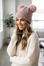 Women's Double Pom Pom Pearl Cable Knit Beanie Wholesale