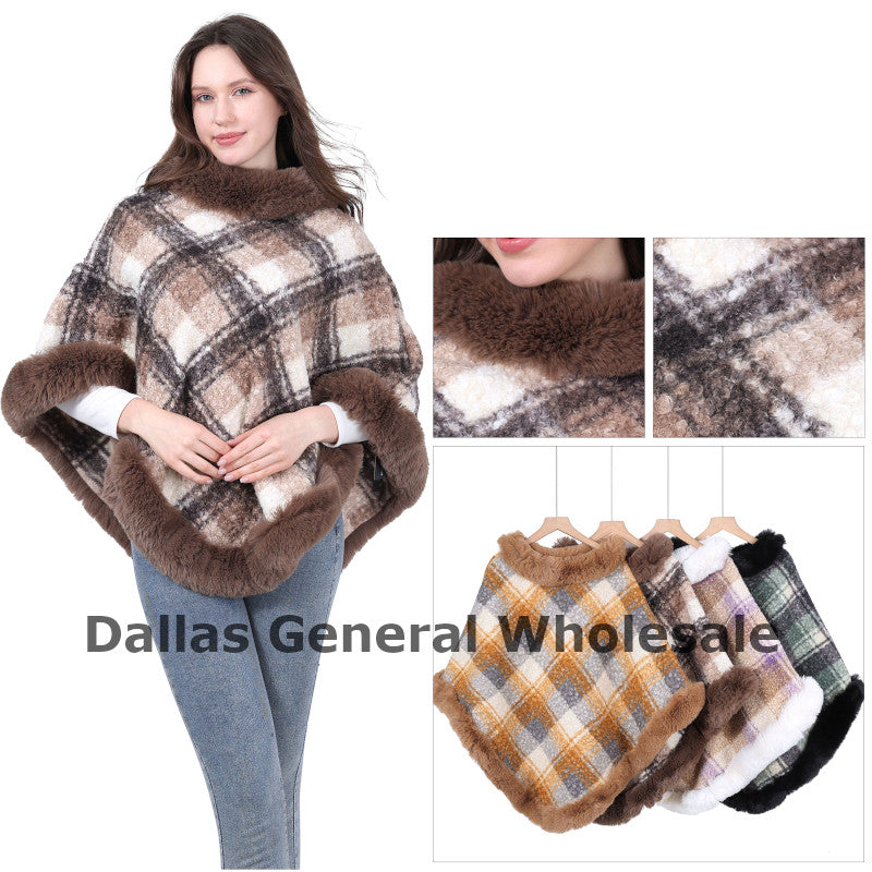 Women's Plaid Fleece Poncho with Fur Trim - Checked Winter Wrap Wholesale