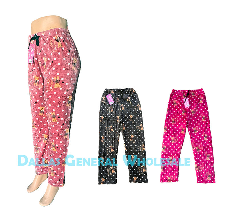 Women's Plush Fleece Pajama Pants - Teddy Bear & Polka Dot Print Loungewear Wholesale
