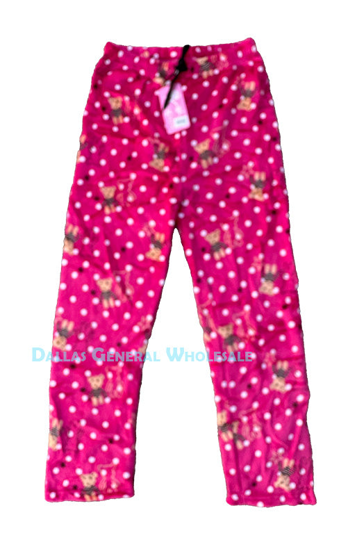 Women's Plush Fleece Pajama Pants - Teddy Bear & Polka Dot Print Loungewear Wholesale