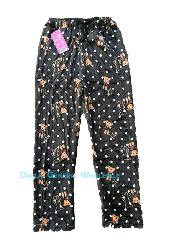 Women's Plush Fleece Pajama Pants - Teddy Bear & Polka Dot Print Loungewear Wholesale