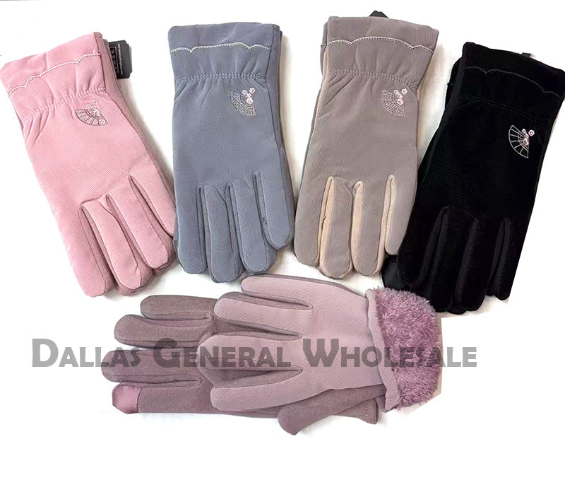 Set of five gloves in pink, blue, gray, and black on a white background with 'Dallas General Wholesale' branding.